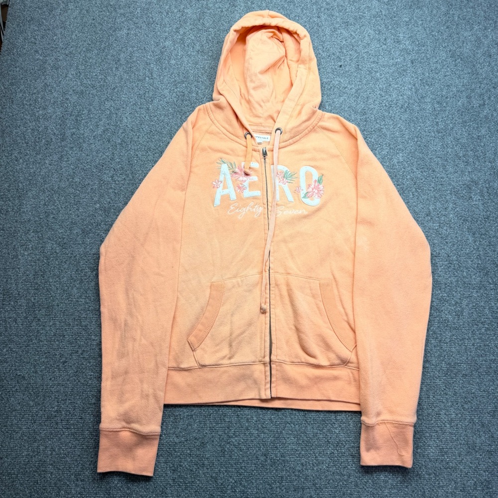 Aeropostale Womens Peach Orange Full Zip Floral Graphic Hoodie XL Eighty Seven